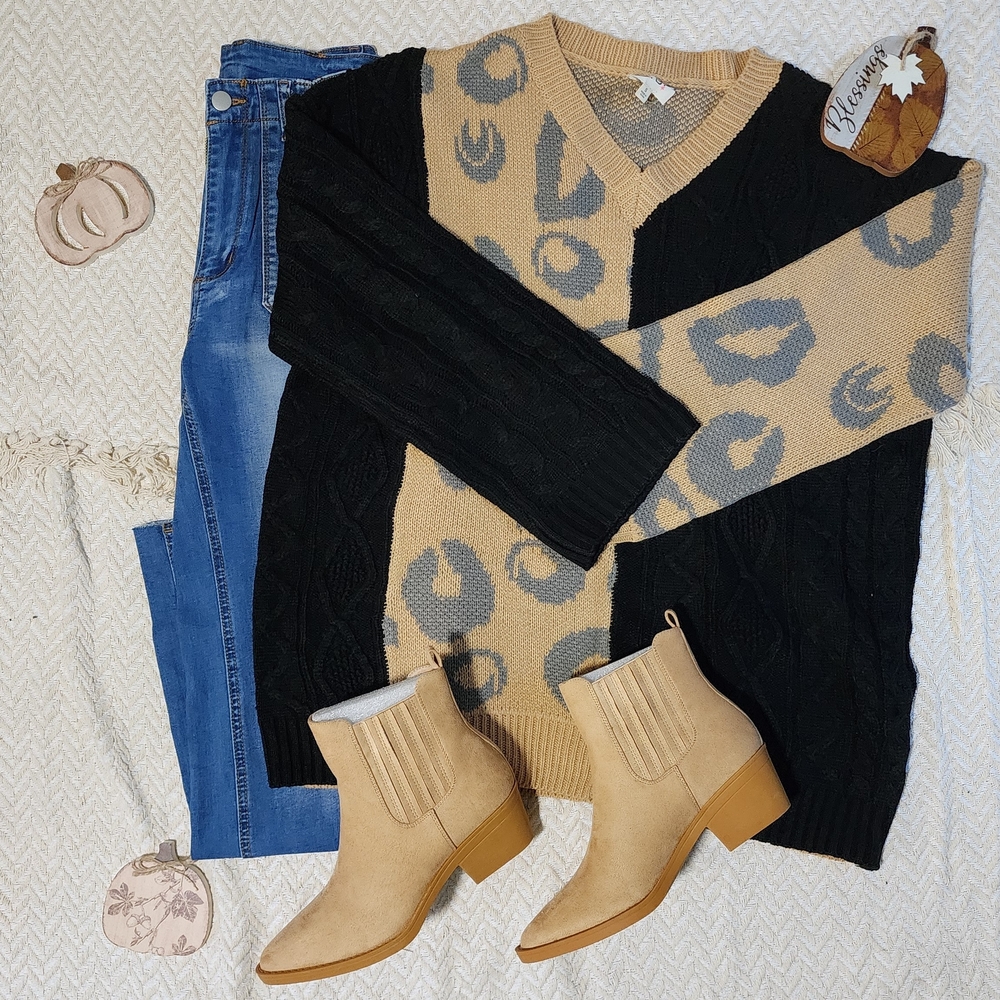 BiBi Black and Tan Leopard Patterned Boho Colorblock Sweater